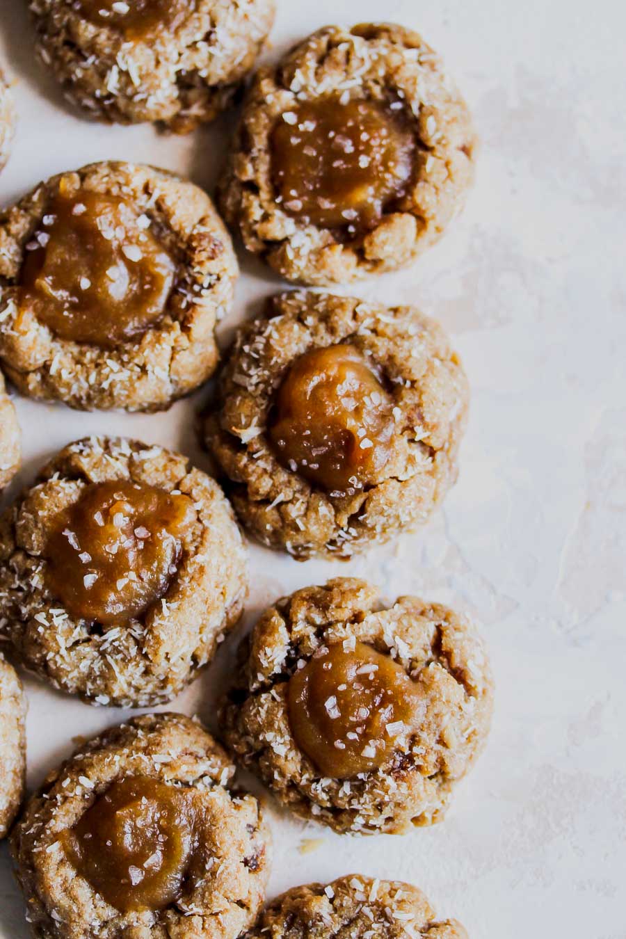 Heavenly Vegan Salted Caramel Coconut Thumbprint Cookies
